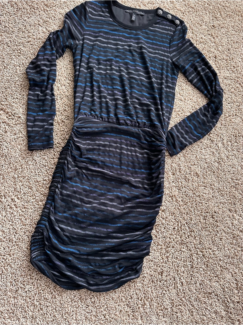 White House Black Market Black and Blue Striped Long Sleeve Ruched Dress